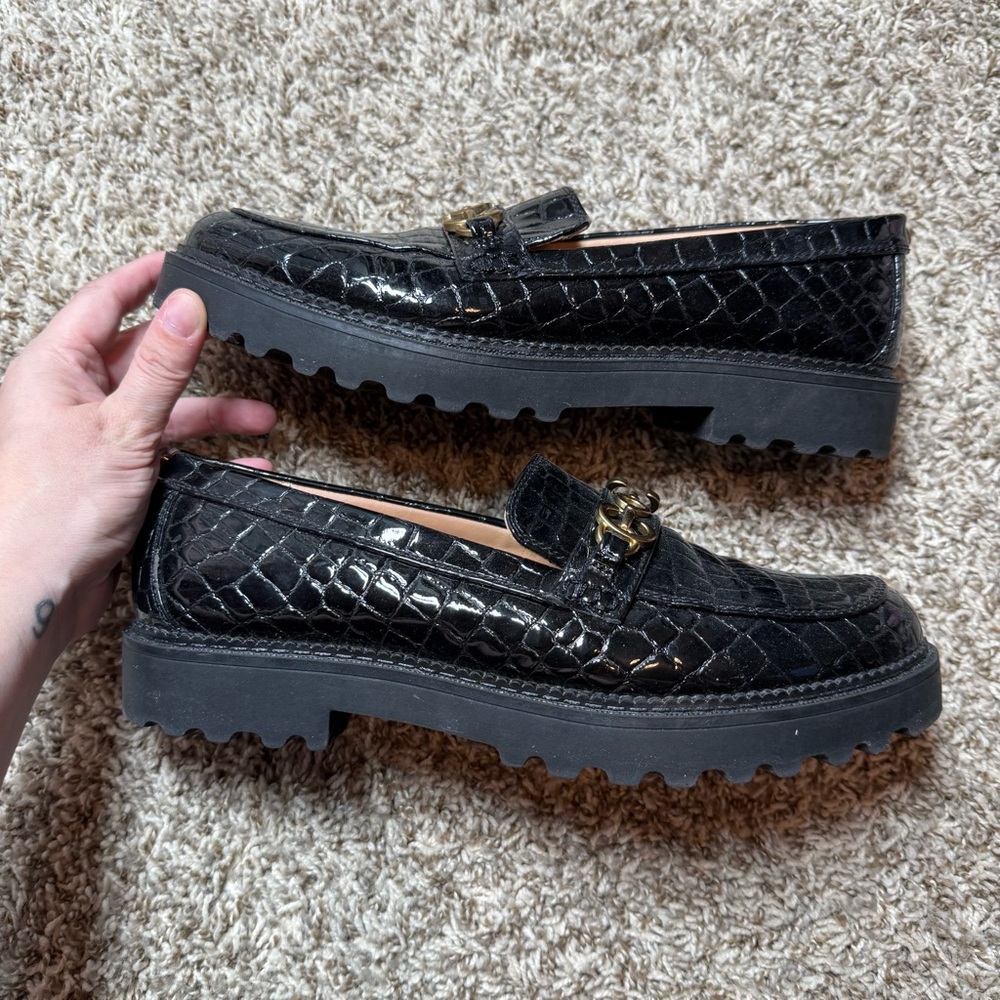 Circus by Sam Edelman Deana Black Croc-Embossed Loafers with Gold Horsebit